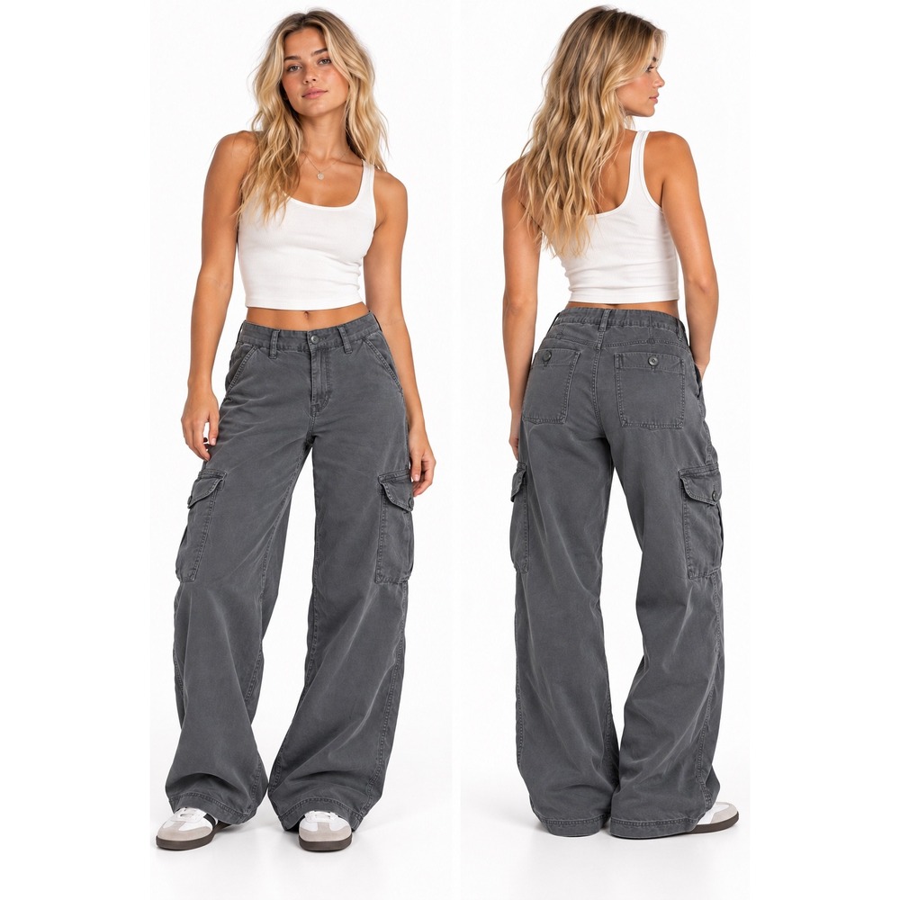 American Eagle Cargo Pants 2 Gray Mid-Rise Baggy Wide Leg Utility Streetwear